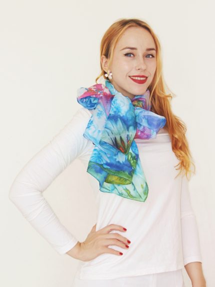 Summer flowers Hand Painted 100% Habotai Silk Black and White Scarf Ready to Ship Free Shipping